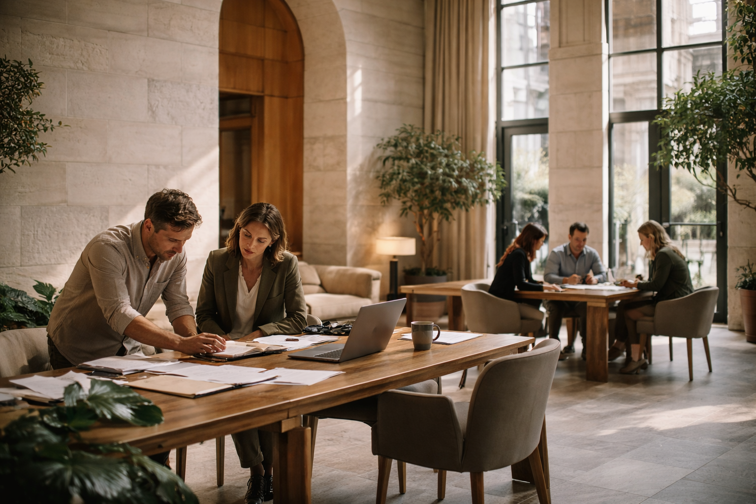 Pessoas trabalhando juntas ou espaço arquitetônico com luz natural