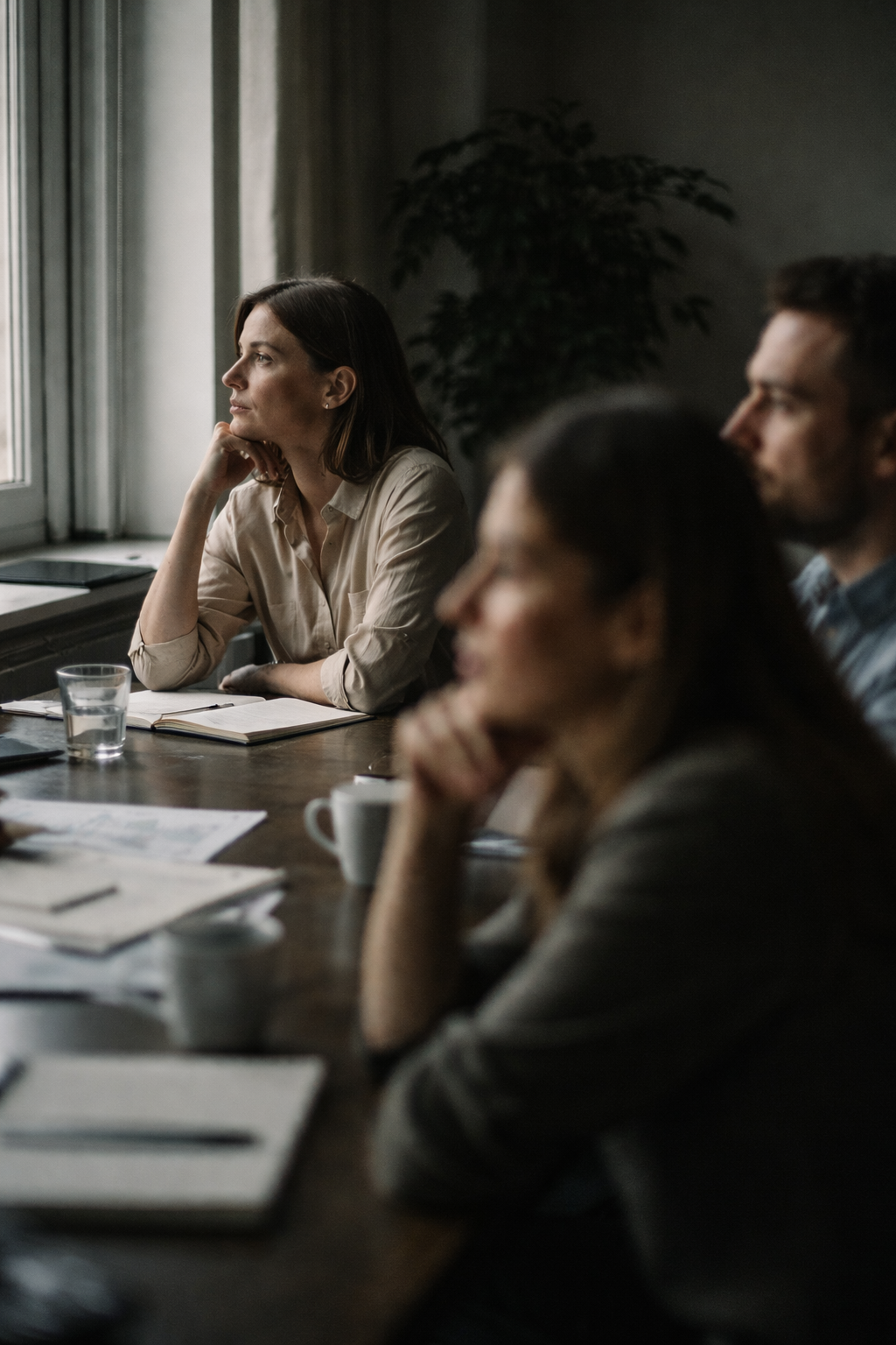 Pessoa ou pequeno grupo em silêncio produtivo, pensando ou observando